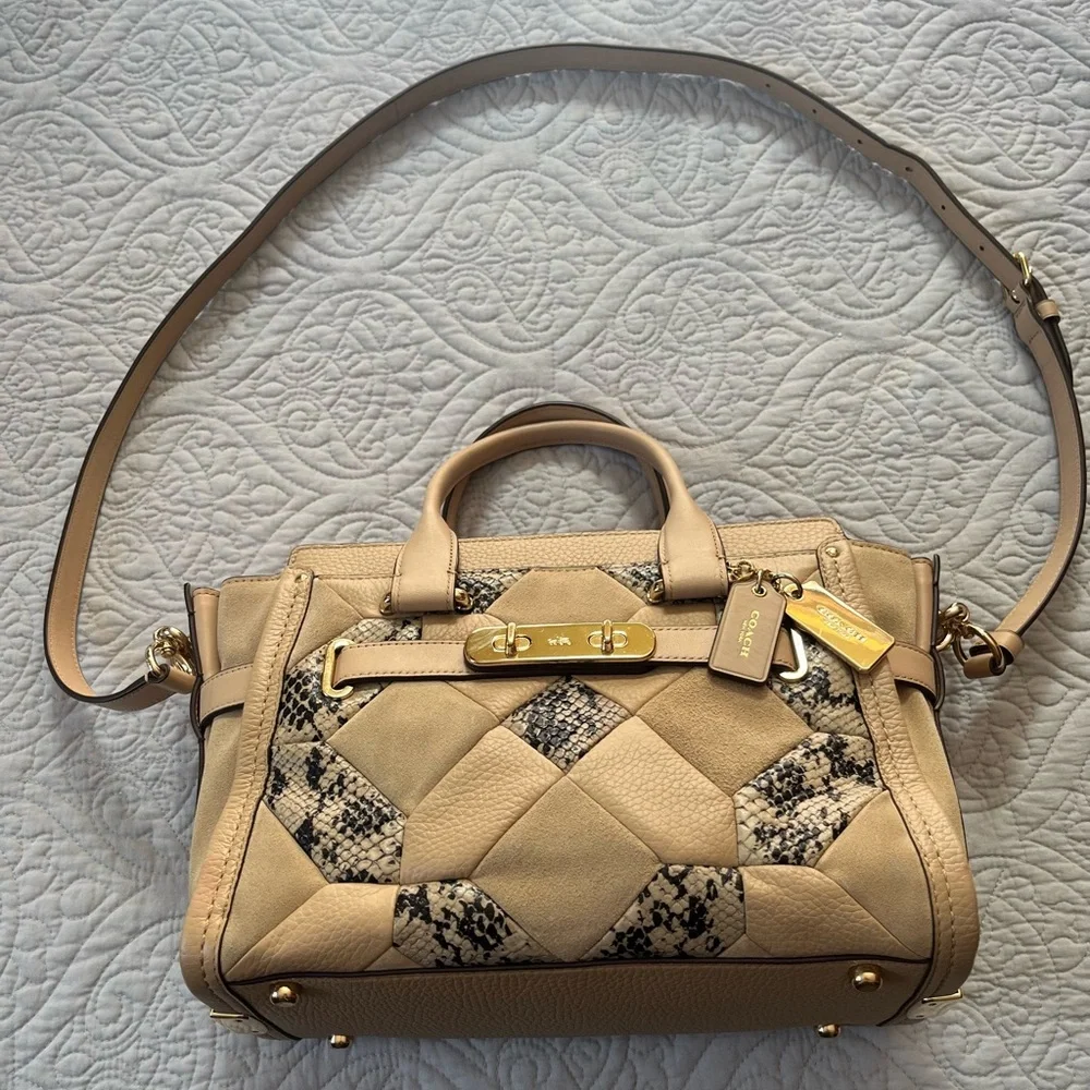 Coach Swagger Exotic Embossed Patchwork Leather/Suede Beechwood Satchel Bag- GUC - Picture 5 of 16